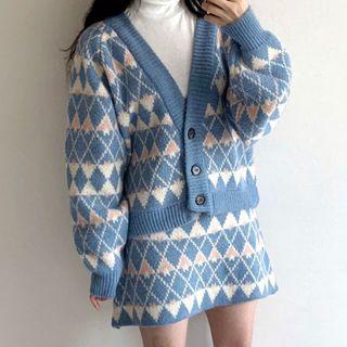 Set: Argyle Cardigan + Mini Fitted Knit Skirt