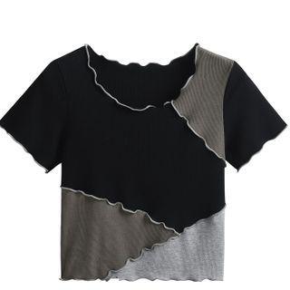 Short-sleeve Patchwork Frill Trim Knit Top