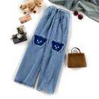 Cartoon Embroidered Straight Leg Jeans Pants - Blue - One Size