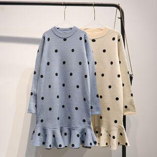 Dotted Ruffle Hem Long-sleeve Knit Dress