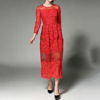 Organza Panel Crochet Lace Midi A-line Dress