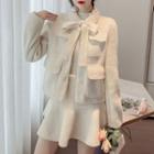 Set: Long-sleeve Faux Fleece Plain Cardigan + High-waist Plain Skirt