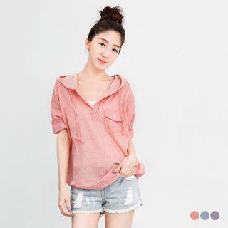 Short-sleeve Buttoned Hooded Pinstriped Top