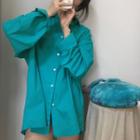 Plain Long-sleeve Loose-fit Shirt Aqua Blue - One Size