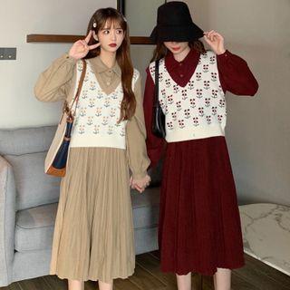 Set: Cherry Sweater Vest + Long-sleeve Midi A-line Dress