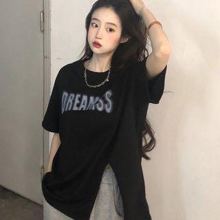 Round-neck Lettering Split T-shirt