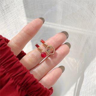 Gemstone Asymmetrical Dangle Earring 1 Pair - Red & Gold - One Size