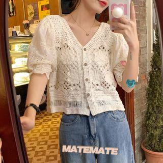 V-neck Eyelet-knit Blouse Almond - One Size