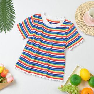 Short-sleeve Striped Knit Top Blue & Red & Yellow - One Size