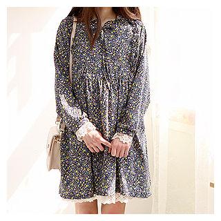 Frill-neck Floral Pattern Empire Dress