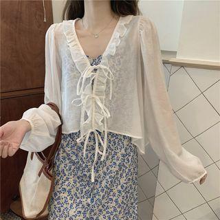 Long-sleeve Ruffled Lace-up Shirt