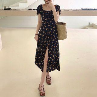 Black Floral Square-neck Puff-sleeve Split Long Dress