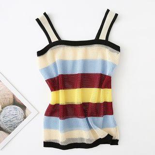Sleeveless Contrast Trim Striped Perforated Top Stripe - One Size