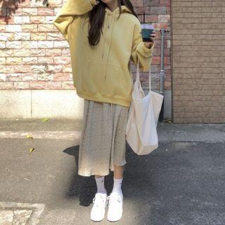 Drawstring Plain Hoodie / Floral Print Midi Skirt