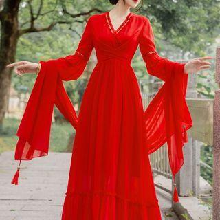 Bell-sleeve Crochet Trim Midi A-line Dress