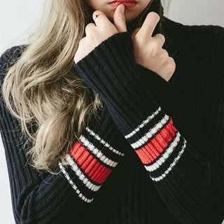 Turtle-neck Contrast-trim Long Rib-knit Dress