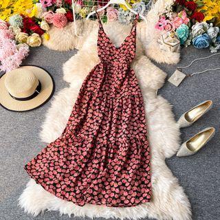 V-neck Floral Print Open-back Sleeveless Dress