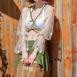 Set: Bikini Top + Swim Skirt + 3/4-sleeve Embroidered Cover-up Top