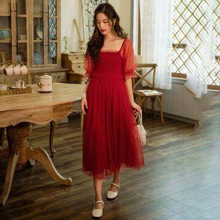 Dotted Balloon-sleeve Midi A-line Mesh Dress