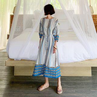 3/4-sleeve Drawstring-waist Pattern Long Dress White - One Size