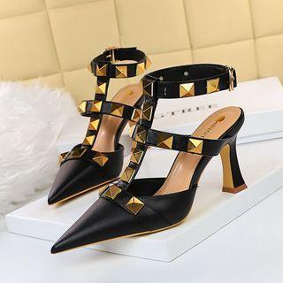 Studded Ankle-strap Pointy-toe Chunky-heel Pumps