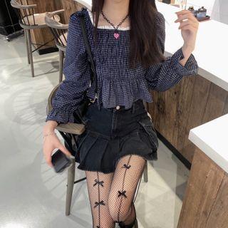 Puff-sleeve Plaid Blouse / A-line Denim Skirt