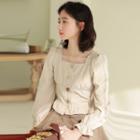 Long-sleeve Square-neck Blouse Khaki - One Size