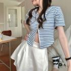 Short-sleeve Striped Hooded Zip-up Top Stripe - Blue & White - One Size