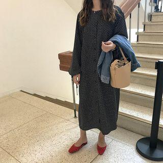 Dotted Long-sleeve A-line Midi Dress Black - One Size