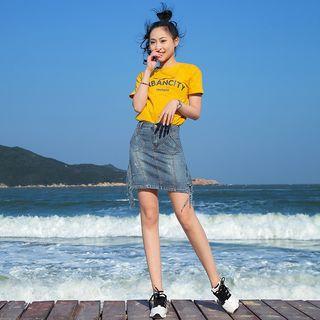 Fringed Trim Denim Skirt