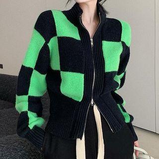 Checkerboard Zip Cardigan Black & Green - One Size