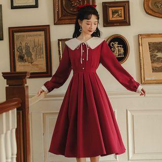Long-sleeve Tie-neck Button-up Midi A-line Dress
