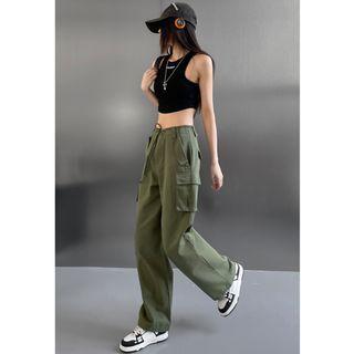 Tie-waist Straight-cut Loose Cargo Pants