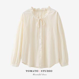 Round-neck Plain Ruffle Oversize Blouse Almond - One Size