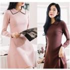 Collared Long-sleeve A-line Knit Dress