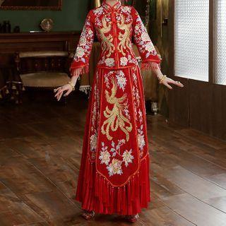 Long-sleeve Dragon Embroidered Chinese Wedding Cheongsam
