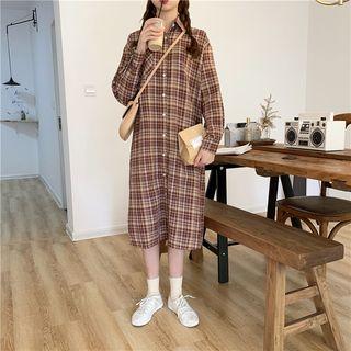 Long-sleeve Plaid Midi Shirt Dress Shirt Dress - Coffee - One Size