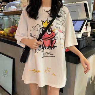 Elbow-sleeve Frog Prince Print T-shirt
