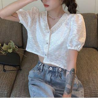 Short-sleeve Glitter Blouse Off-white - One Size