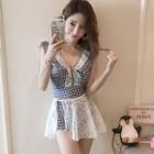 Set: Gingham Lace Trim Swimsuit + Cover-up Lace Skirt