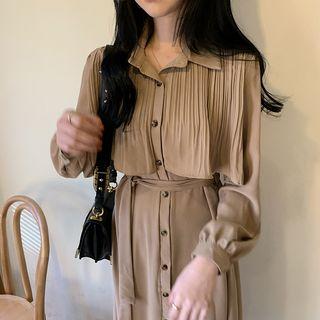 Long-sleeve Single Breast Pleated Shirt Dress
