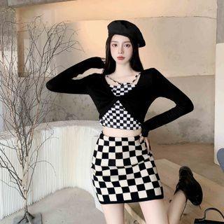 Mock Two-piece Long-sleeve Checker Print T-shirt