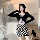 Mock Two-piece Long-sleeve Checker Print T-shirt