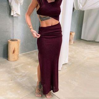 Set: Asymmetric Crop Top + Slit Midi Skirt
