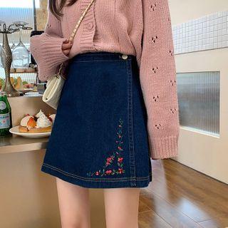 Floral Embroidered High-waist Denim Skirt