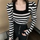 Long-sleeve Striped Square-neck Knit Top Stripes - Black & White - One Size