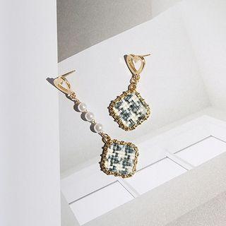 Non-matching Faux Pearl Woven Square & Heart Dangle Earring 1 Pair - Ear Studs - As Shown In Figure - One Size