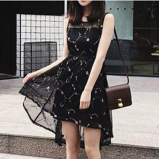 Sleeveless Embroidered Mesh Overlay A-line Dress