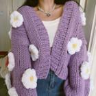 Flower Detail Open-front Chunky Knit Cardigan White Flowers - Purple - One Size