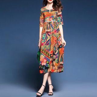 Elbow-sleeve Patterned Midi A-line Dress